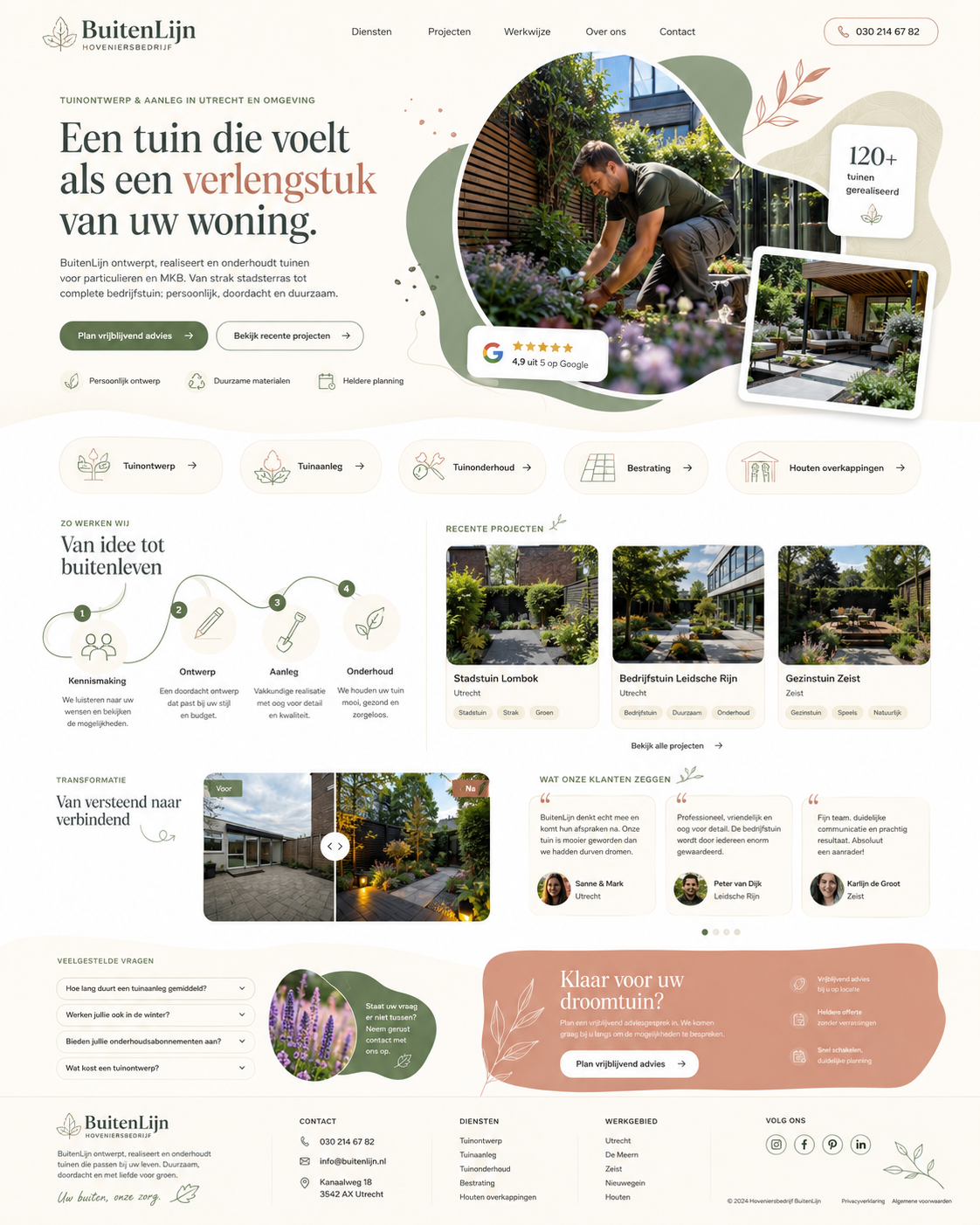 Webdesign voor BuitenLijn hoveniersbedrijf met tuinprojecten en adviesaanvraag