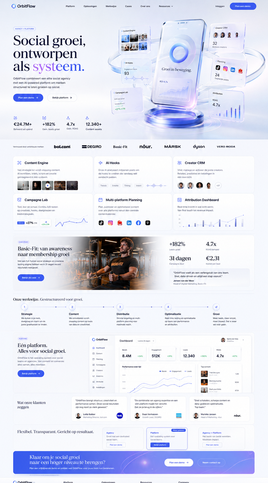 Webdesign voor OrbitFlow social growth platform met dashboardmodules